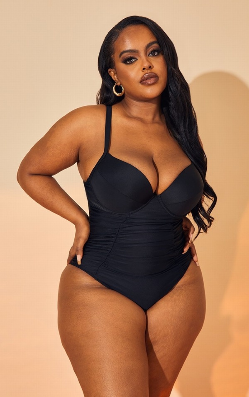 Black Pretty Little Thing Plus Ruched Cupped Swimsuits | FDHULGW-71