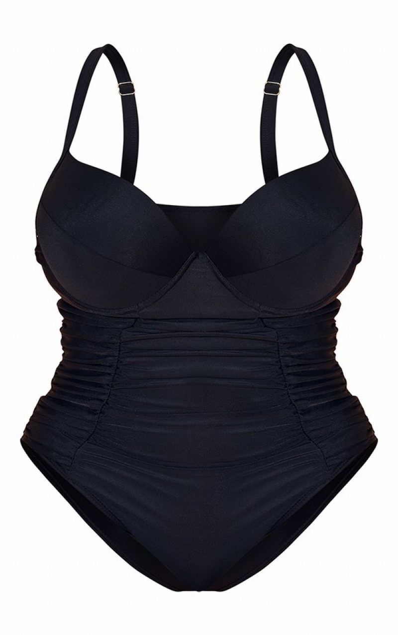 Black Pretty Little Thing Plus Ruched Cupped Swimsuits | FDHULGW-71