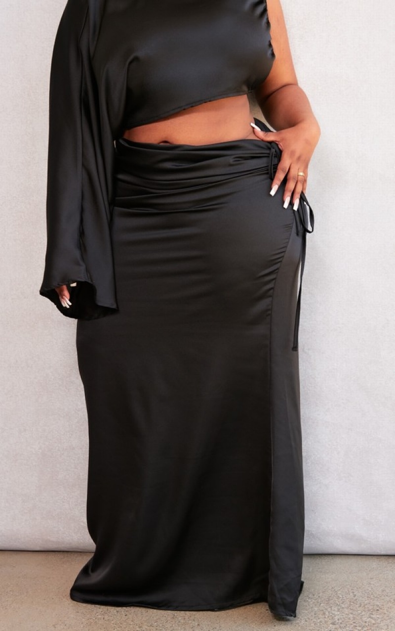 Black Pretty Little Thing Plus Ruched Side Satin Midaxi Skirts | UNRDJQI-62