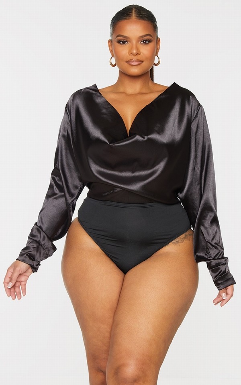 Black Pretty Little Thing Plus Satin Cowl Neck Long Sleeve Bodysuits | YMCEJIR-08