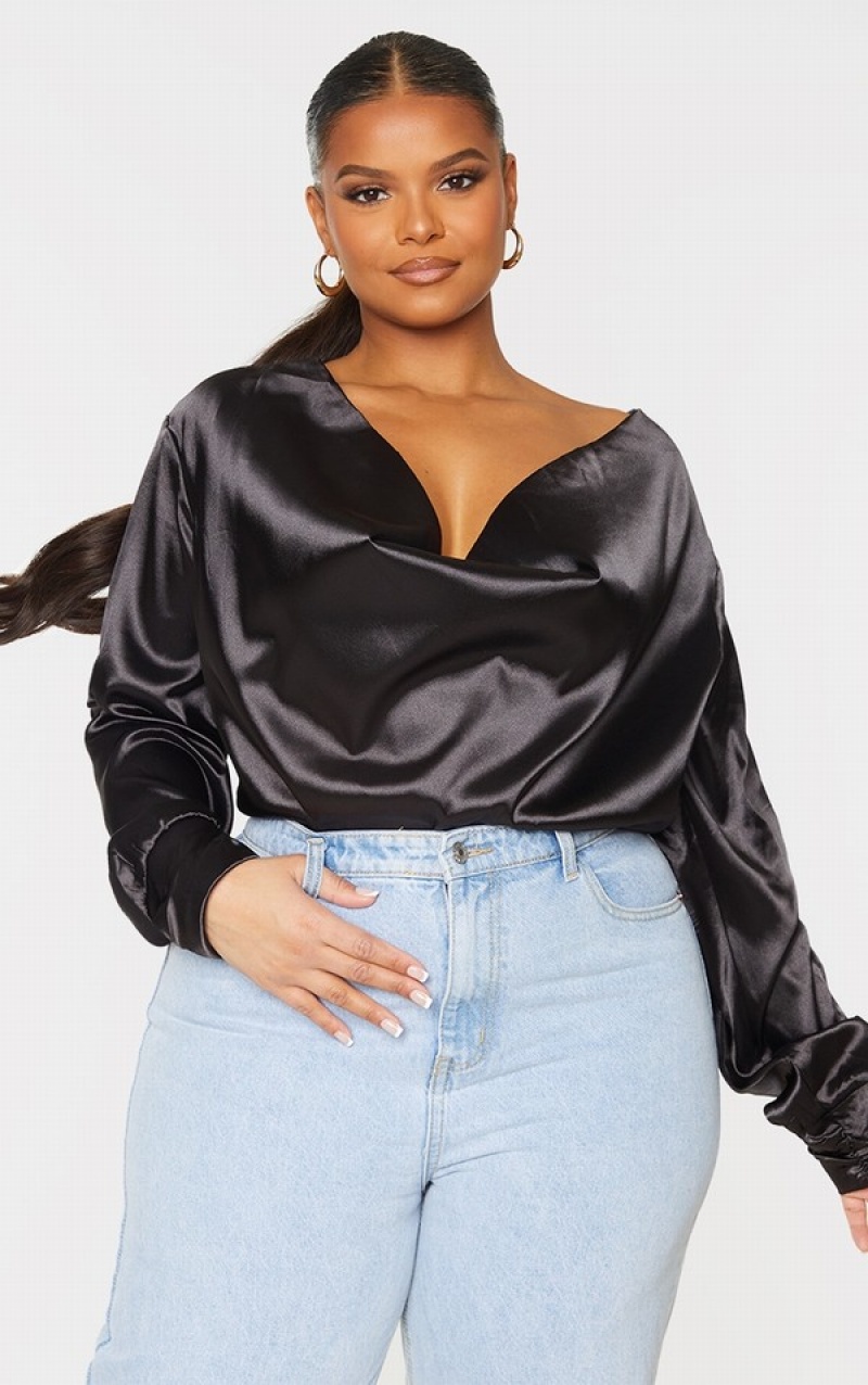 Black Pretty Little Thing Plus Satin Cowl Neck Long Sleeve Bodysuits | YMCEJIR-08