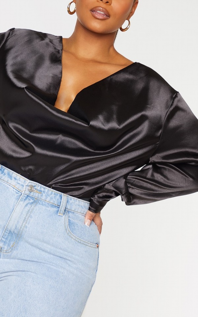 Black Pretty Little Thing Plus Satin Cowl Neck Long Sleeve Bodysuits | YMCEJIR-08