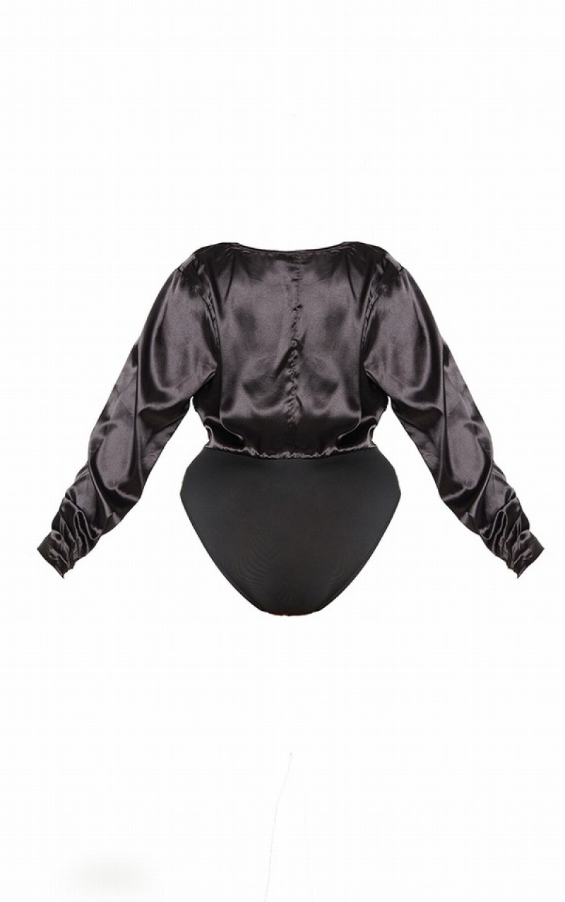 Black Pretty Little Thing Plus Satin Cowl Neck Long Sleeve Bodysuits | YMCEJIR-08