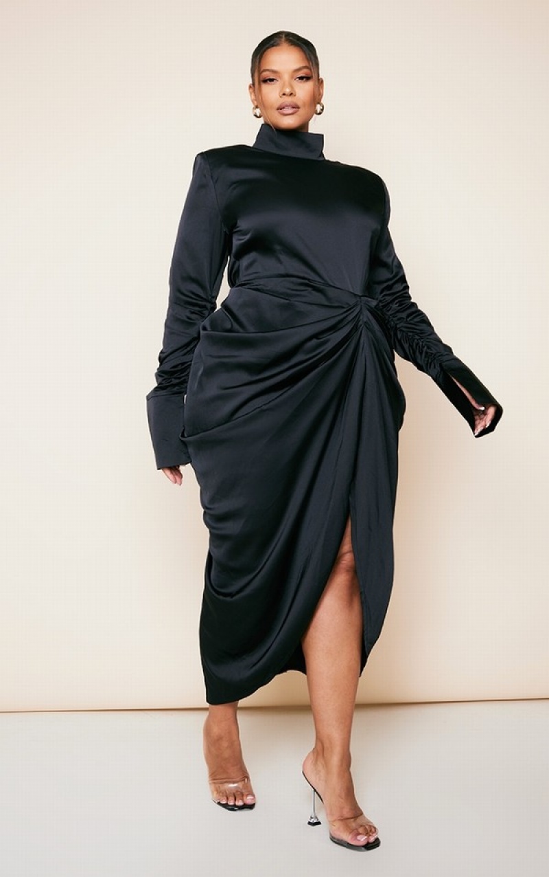 Black Pretty Little Thing Plus Satin High Neck Draped Dresses | DQPSRBO-43