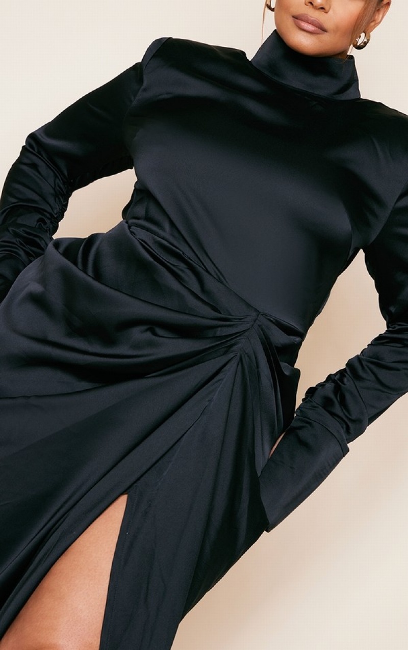 Black Pretty Little Thing Plus Satin High Neck Draped Dresses | DQPSRBO-43