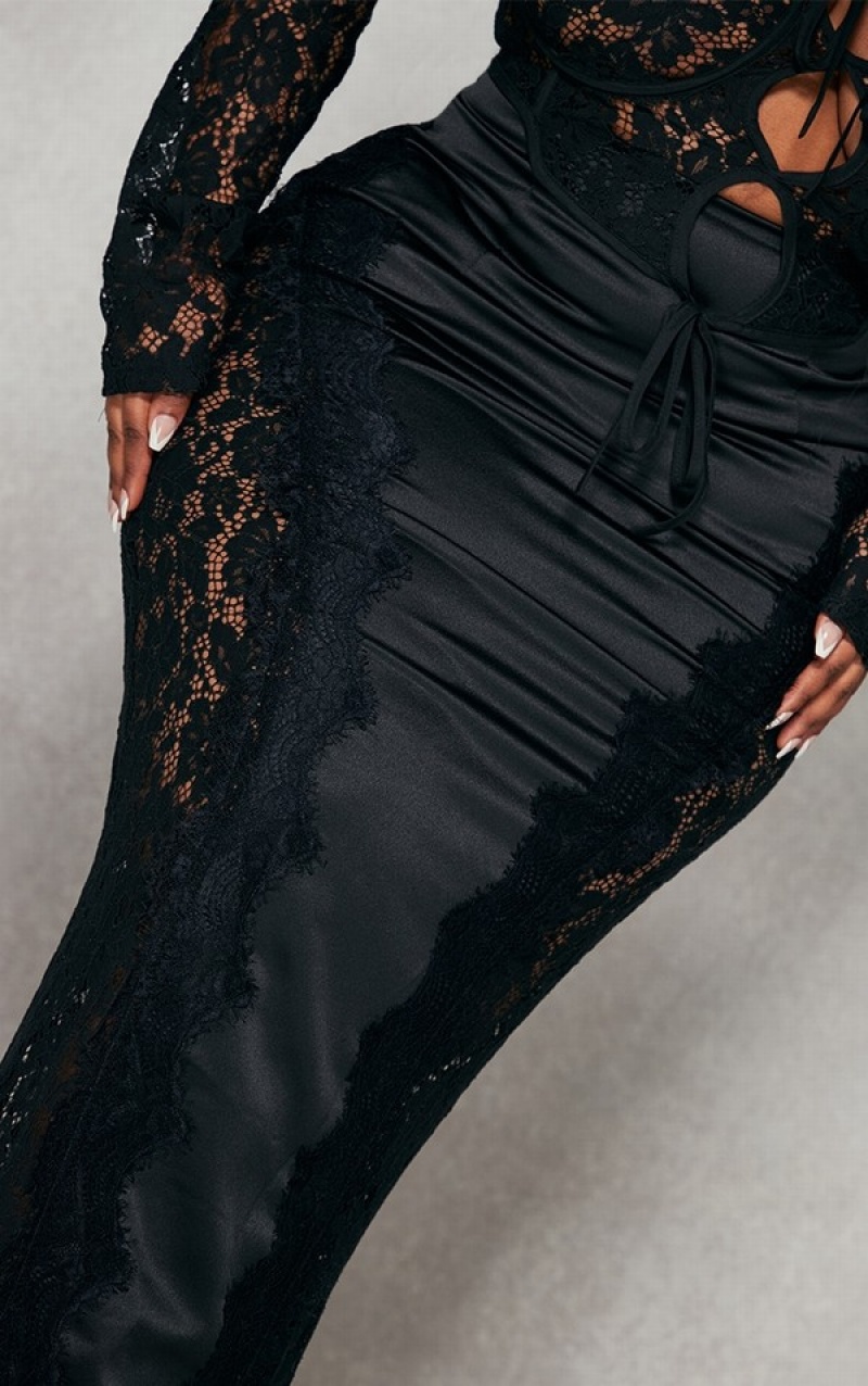 Black Pretty Little Thing Plus Satin Lace Detail Skirts | CFRNVGS-49