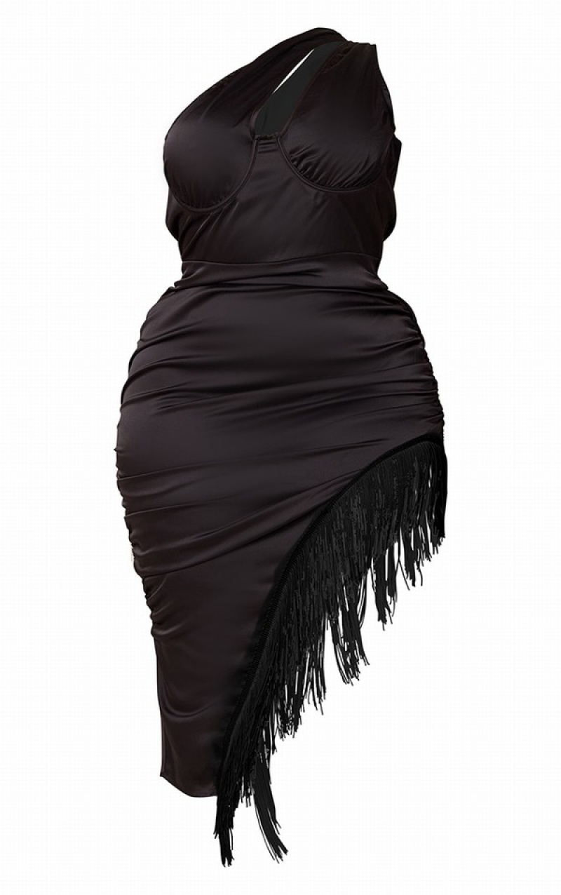 Black Pretty Little Thing Plus Satin One Shoulder Ruched Side Dresses | MEXWCTB-29