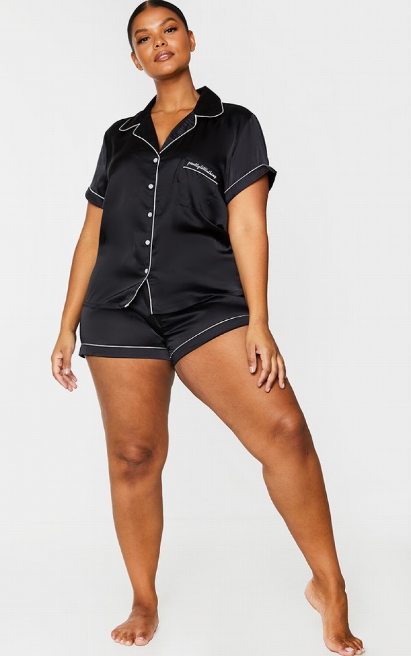 Black Pretty Little Thing Plus Satin Pocket PJ Sleepwear | GEPXVUJ-80