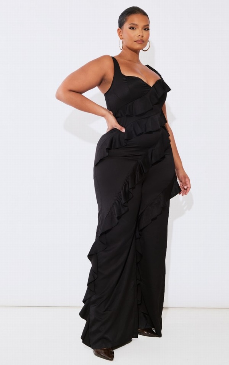 Black Pretty Little Thing Plus Satin Ruffle Front Jumpsuits | JDAYREH-98