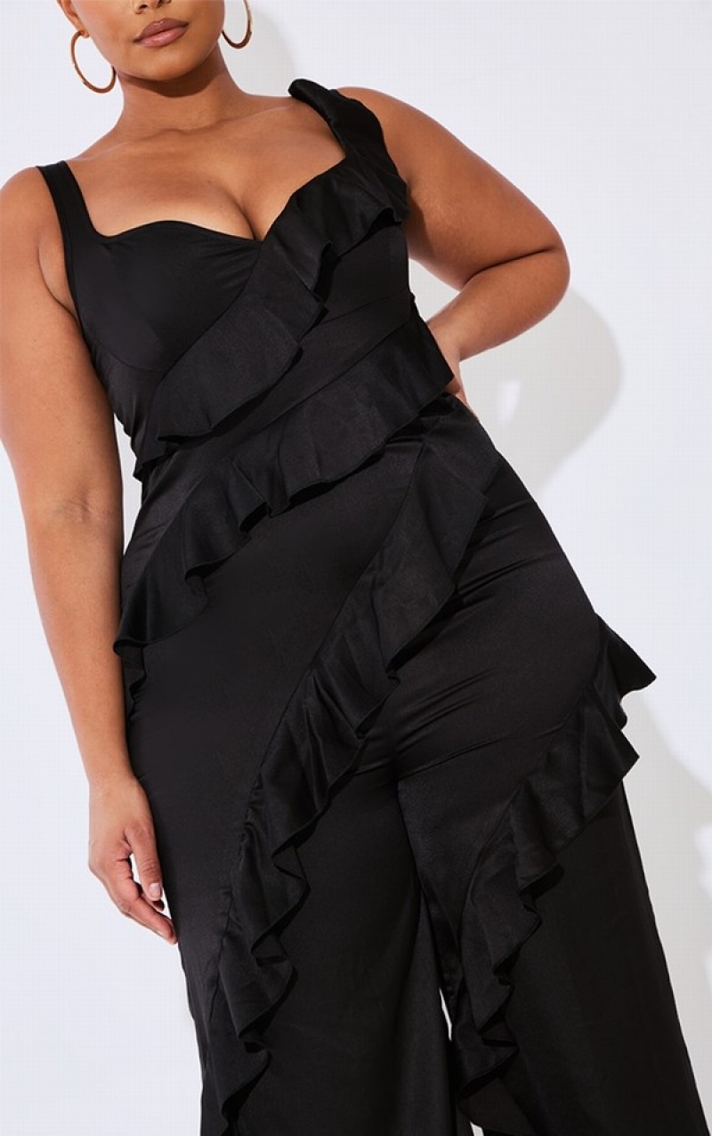 Black Pretty Little Thing Plus Satin Ruffle Front Jumpsuits | JDAYREH-98