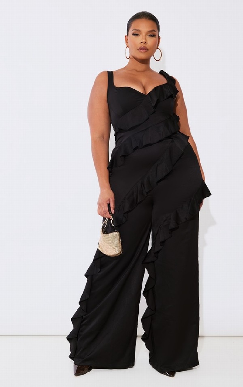 Black Pretty Little Thing Plus Satin Ruffle Front Jumpsuits | JDAYREH-98