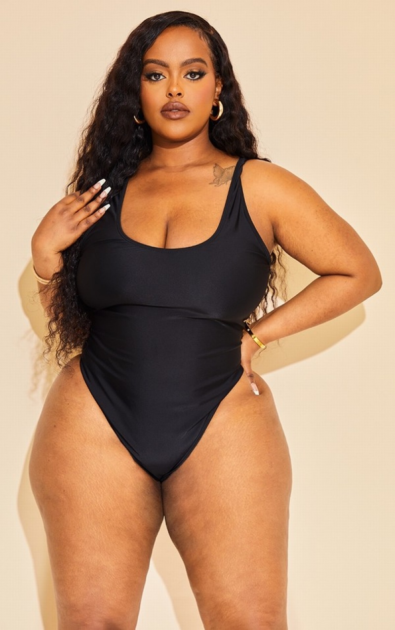 Black Pretty Little Thing Plus Scoop Neck Swimsuits | IJBDSGP-91