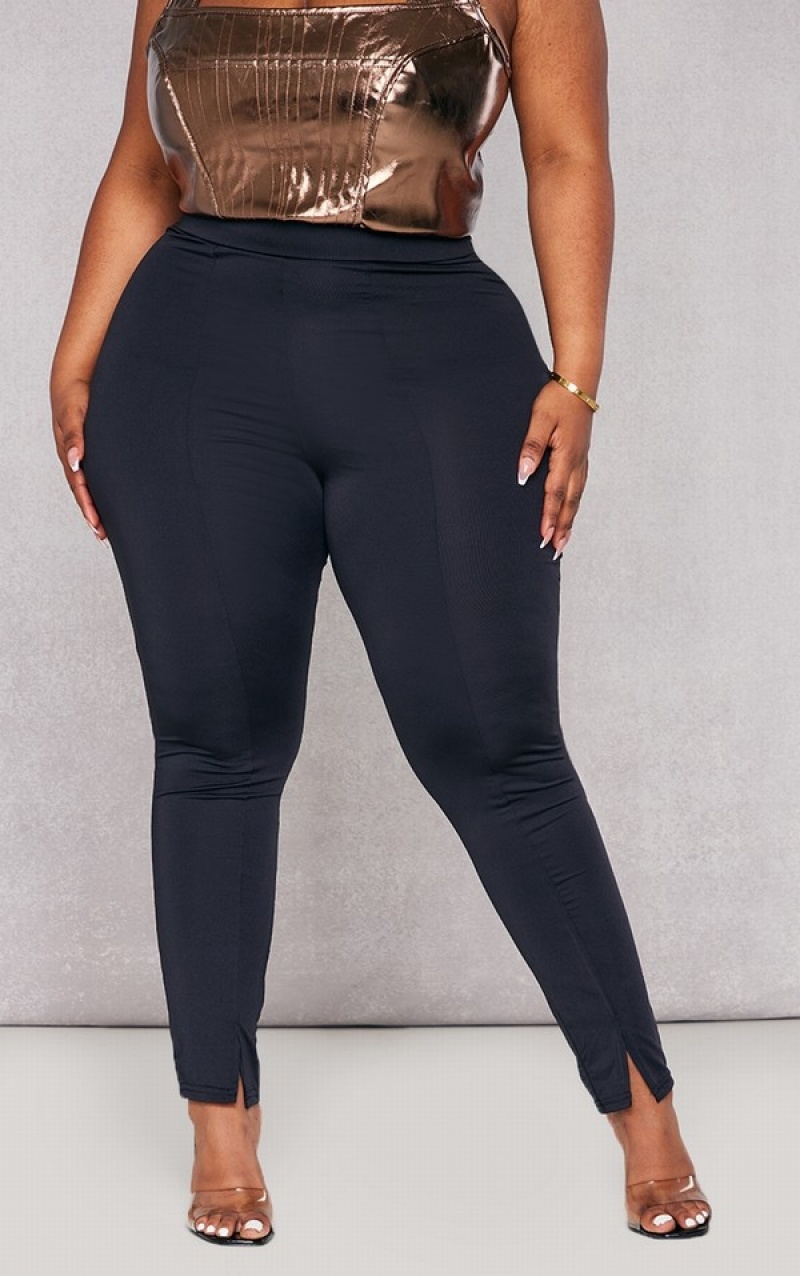 Black Pretty Little Thing Plus Seam Detail Slinky Split Hem Leggings | GMIUERK-17