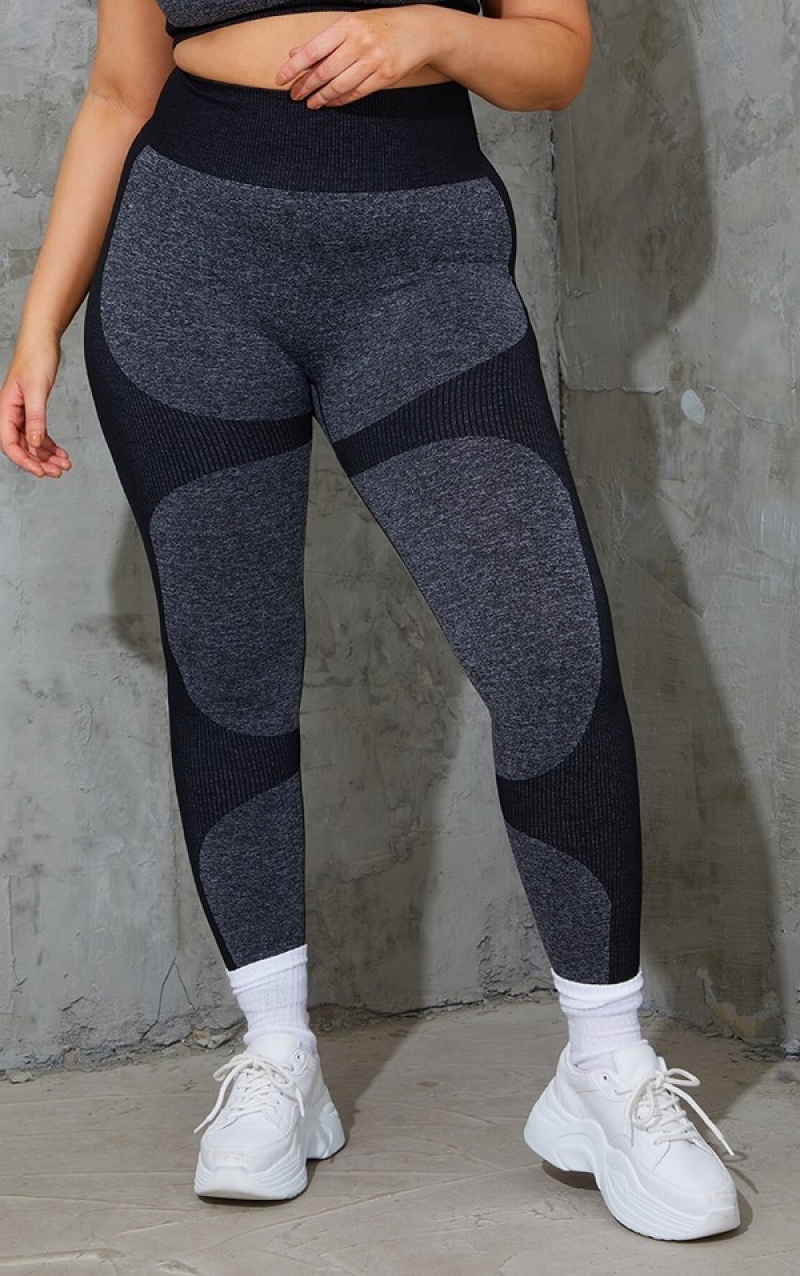 Black Pretty Little Thing Plus Seamless 2 Tone Contour Leggings | NWLEFDT-23