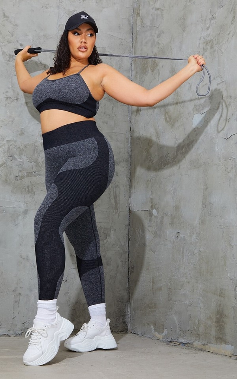 Black Pretty Little Thing Plus Seamless 2 Tone Contour Leggings | NWLEFDT-23