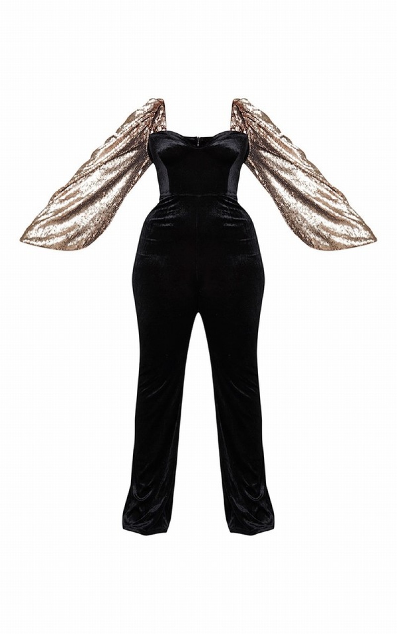 Black Pretty Little Thing Plus Sequin Balloon Sleeve Velvet Jumpsuits | YKPDFEN-89