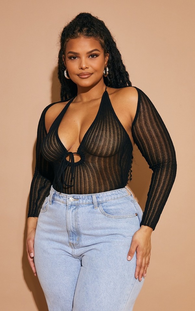 Black Pretty Little Thing Plus Sheer Knit With Sleeves Bodysuits | RUTCFNX-24