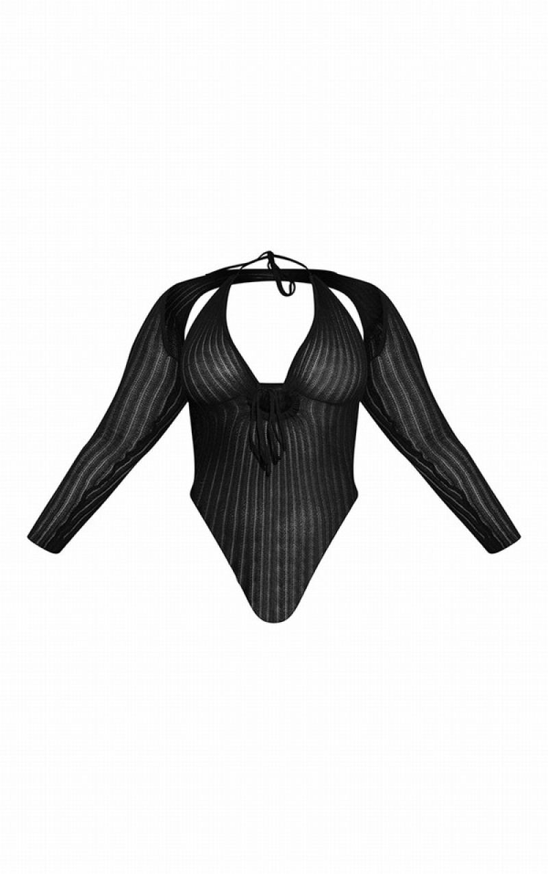 Black Pretty Little Thing Plus Sheer Knit With Sleeves Bodysuits | RUTCFNX-24