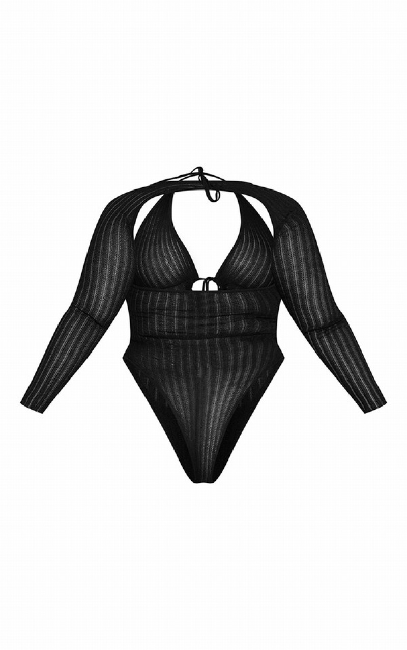 Black Pretty Little Thing Plus Sheer Knit With Sleeves Bodysuits | RUTCFNX-24