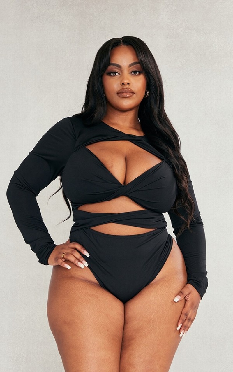 Black Pretty Little Thing Plus Slinky Cut Out Longsleeve Bodysuits | KTIRXZM-02