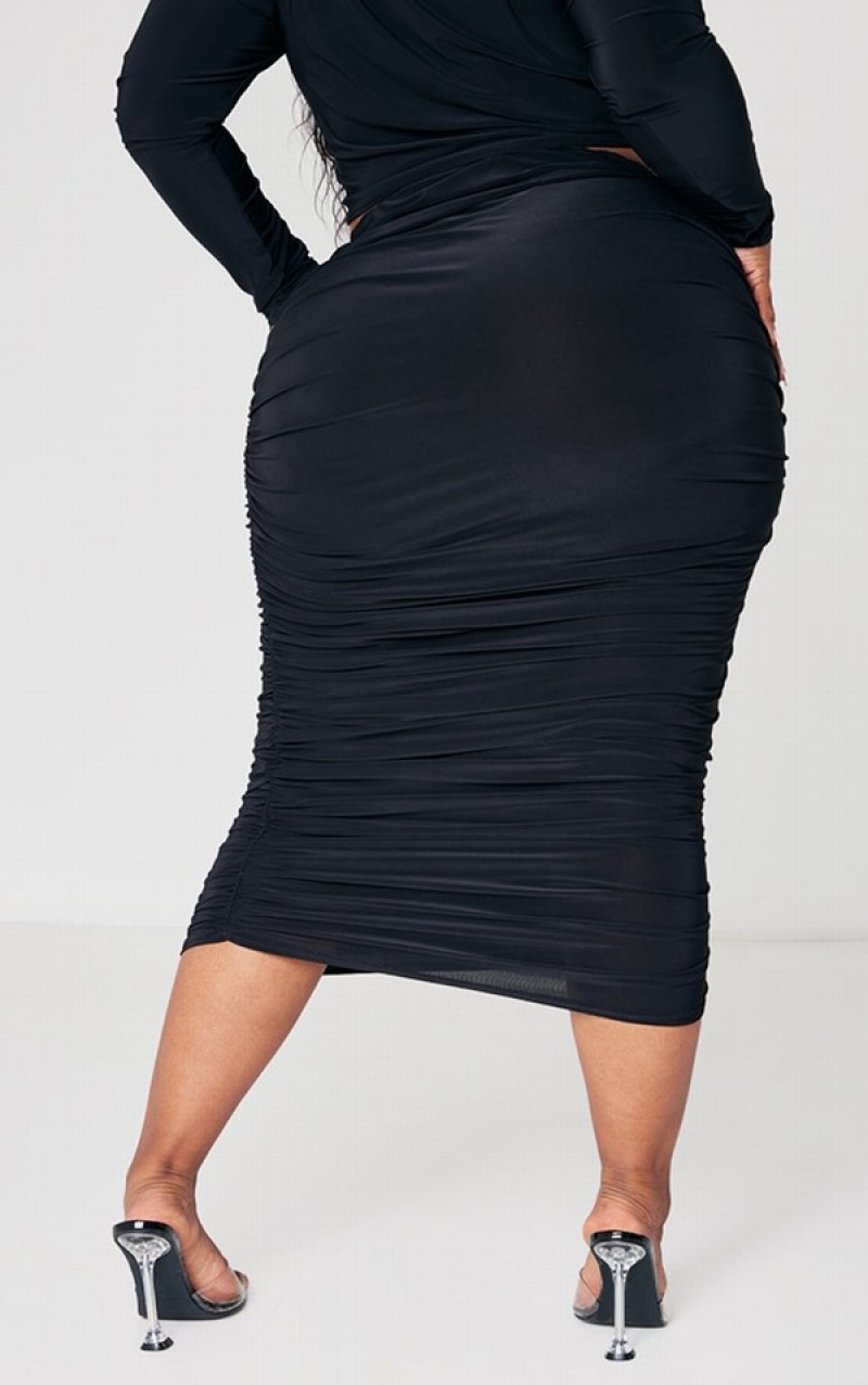 Black Pretty Little Thing Plus Slinky Ruched Side Midaxi Skirts | NFHZAIB-68