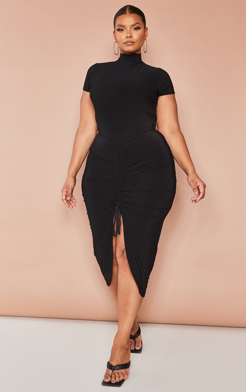 Black Pretty Little Thing Plus Slinky Sleeve High Neck Bodysuits | OPKHDLC-48