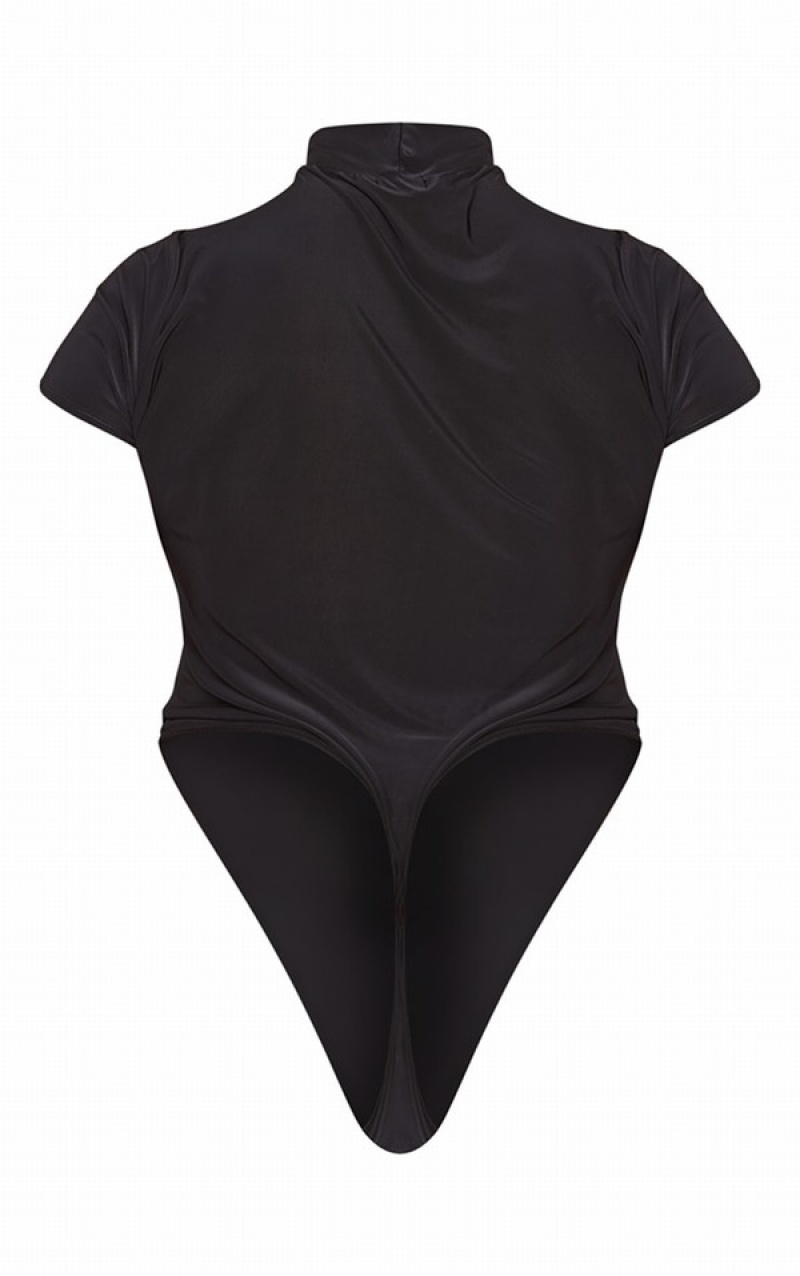 Black Pretty Little Thing Plus Slinky Sleeve High Neck Bodysuits | OPKHDLC-48