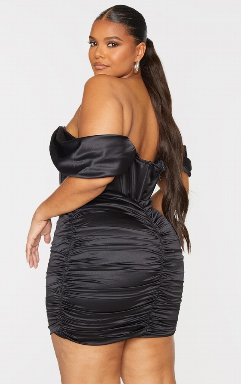 Black Pretty Little Thing Plus StructuSatin Cupped Ruched Bodycon Skirts | ZXRGACT-42