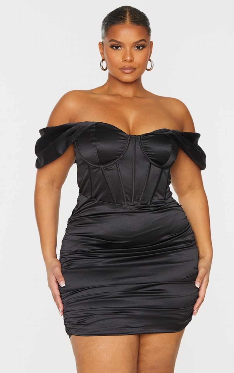 Black Pretty Little Thing Plus StructuSatin Cupped Ruched Bodycon Skirts | ZXRGACT-42