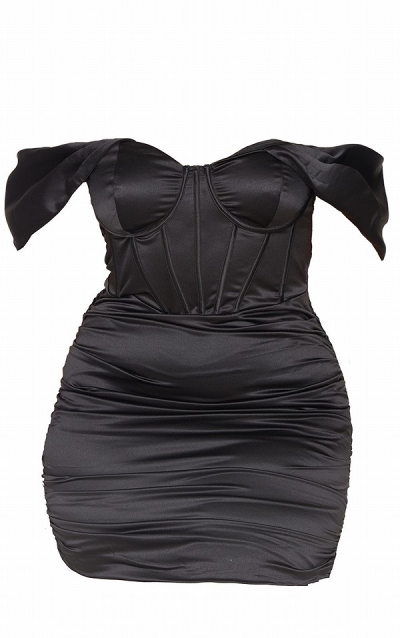 Black Pretty Little Thing Plus StructuSatin Cupped Ruched Bodycon Skirts | ZXRGACT-42