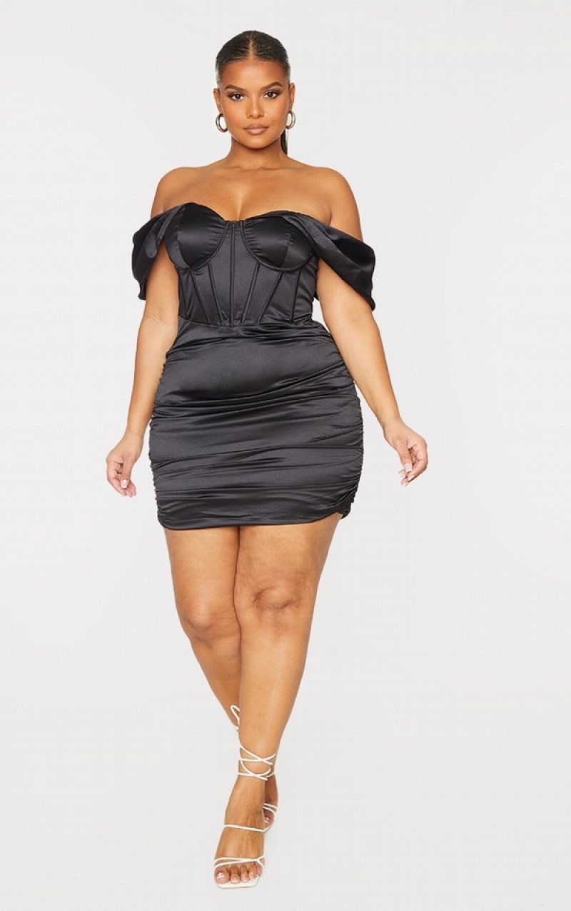 Black Pretty Little Thing Plus StructuSatin Cupped Ruched Bodycon Skirts | ZXRGACT-42