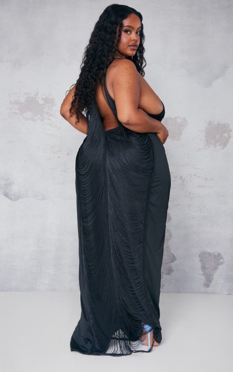 Black Pretty Little Thing Plus Tassel Distressed Low Back Maxi Dresses | YEMDBIF-85