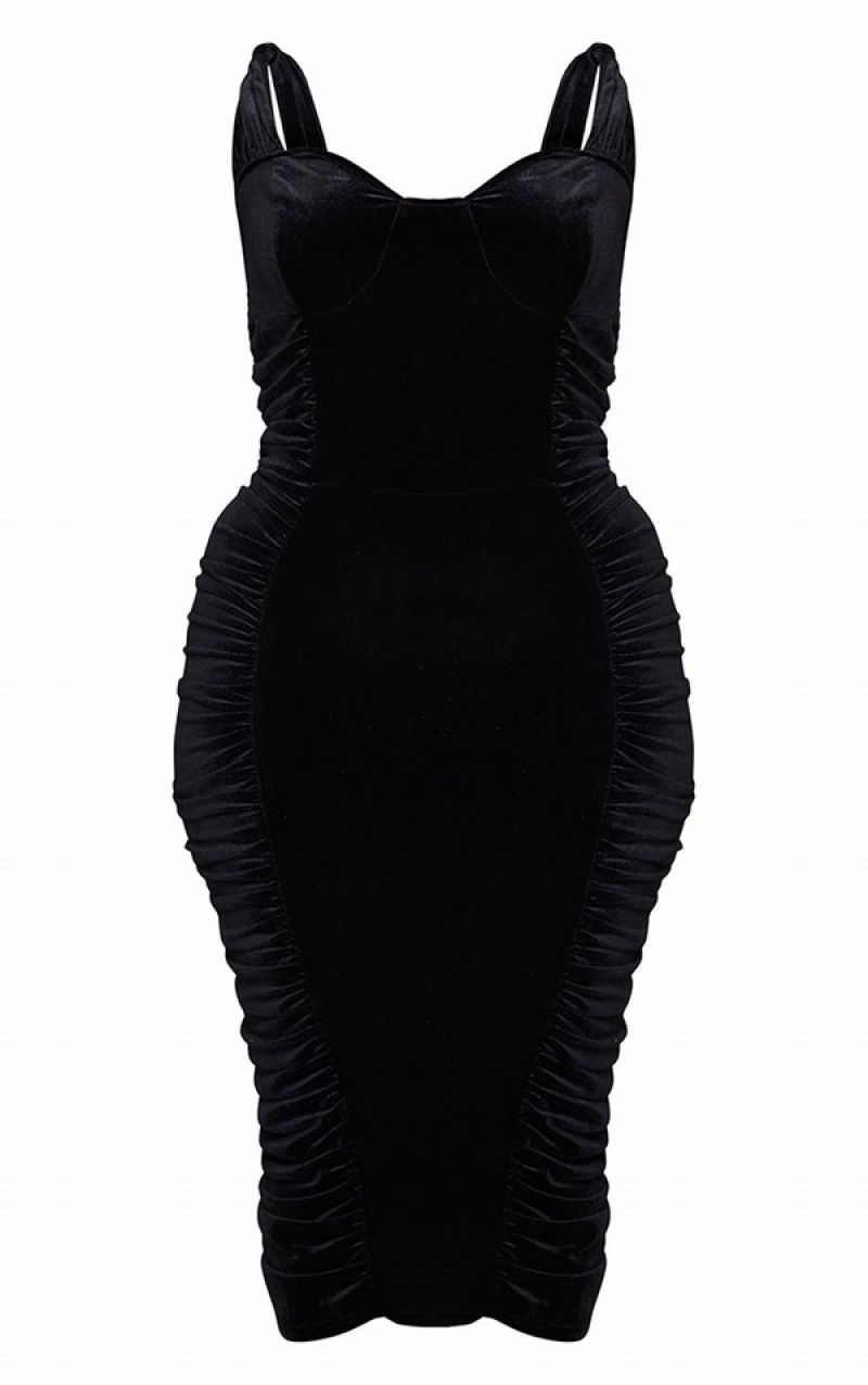 Black Pretty Little Thing Plus Velvet Extreme Ruched Side Detail Dresses | XQMJOTY-49