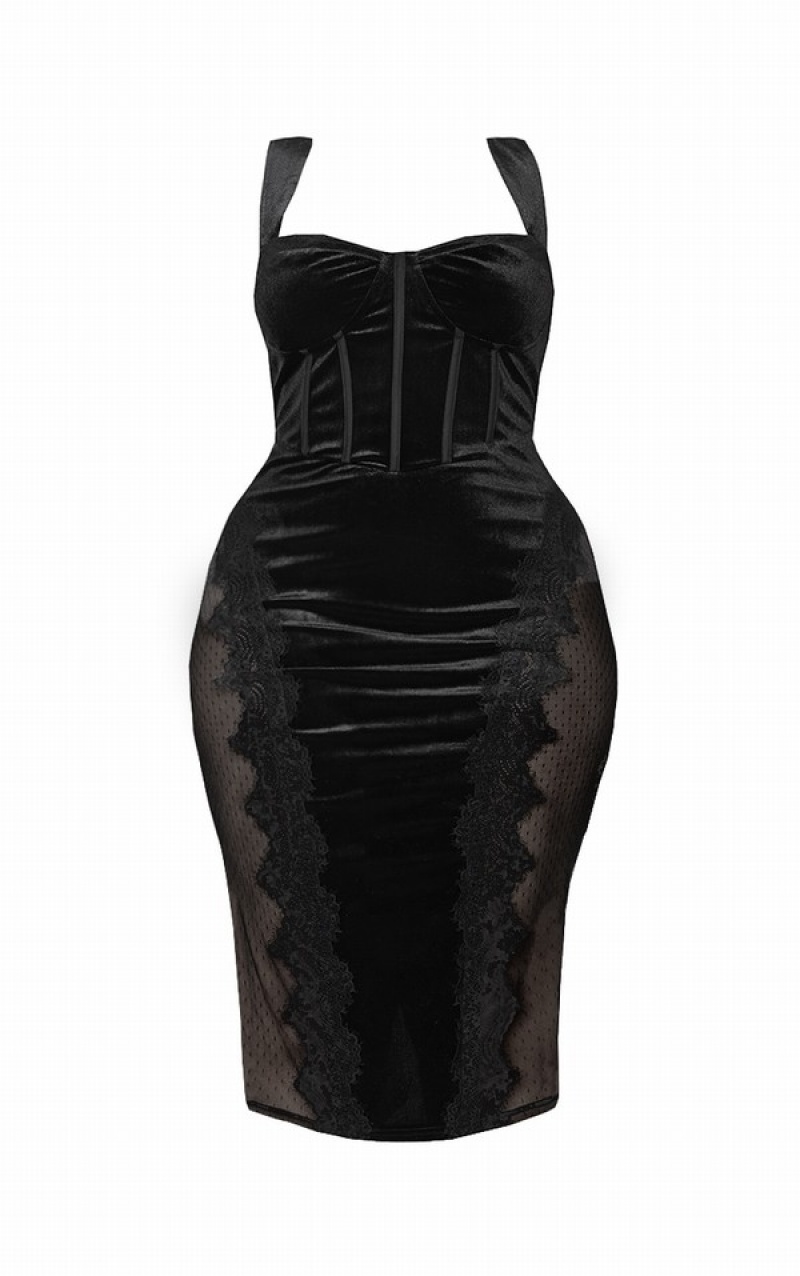 Black Pretty Little Thing Plus Velvet Lace Trim Corset Dresses | ROWBXQY-19