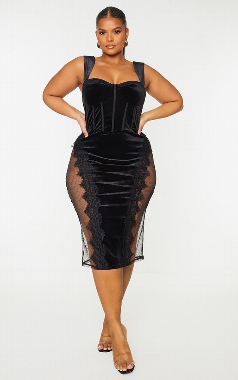 Black Pretty Little Thing Plus Velvet Lace Trim Corset Dresses | ROWBXQY-19