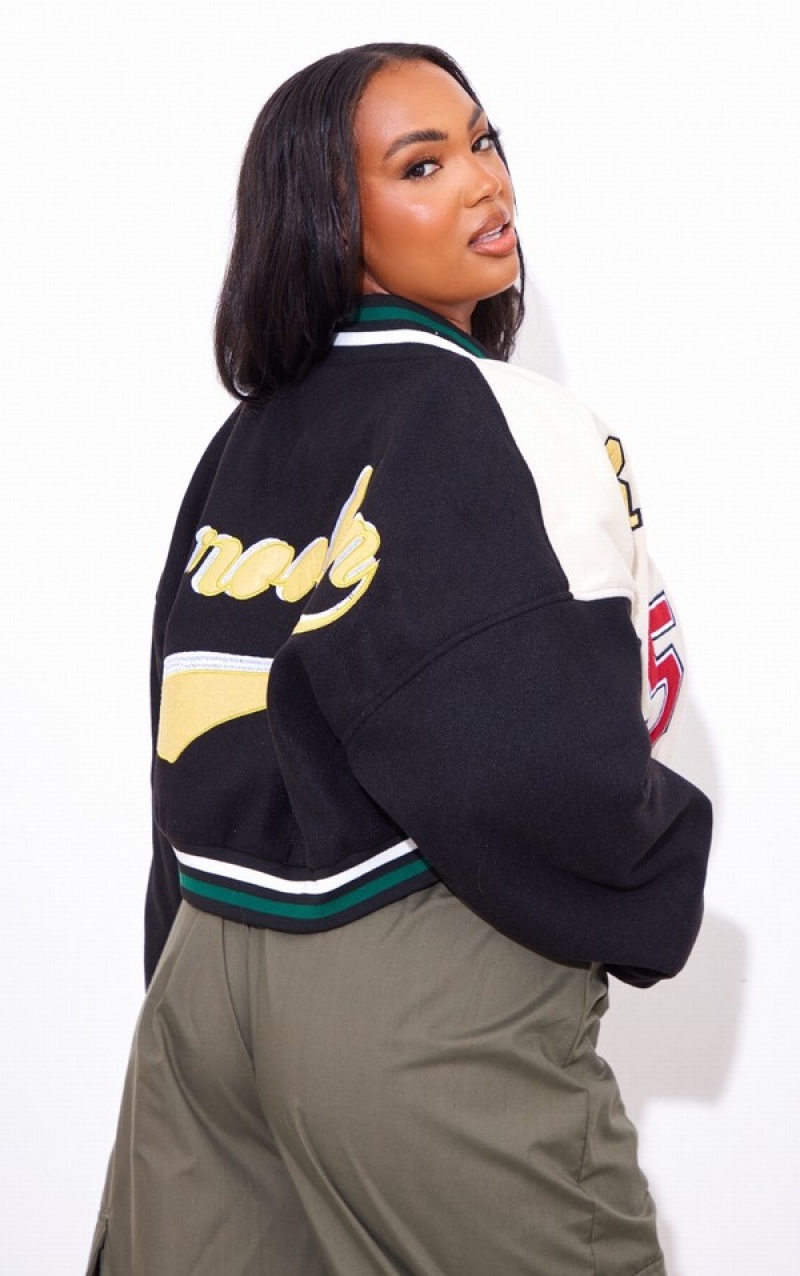 Black Pretty Little Thing Plus Wool Look Graphic Front Cropped Bomber Jackets | UTKWJCS-10