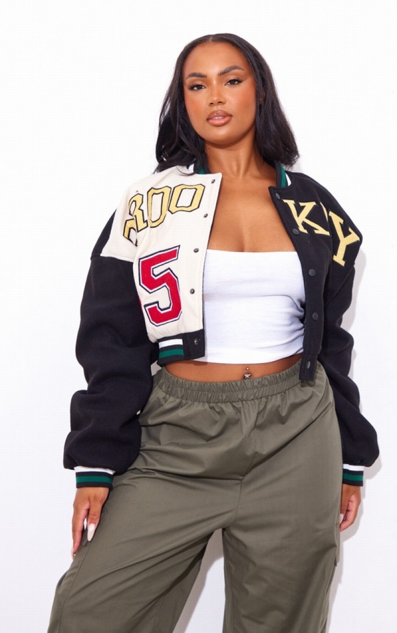 Black Pretty Little Thing Plus Wool Look Graphic Front Cropped Bomber Jackets | UTKWJCS-10