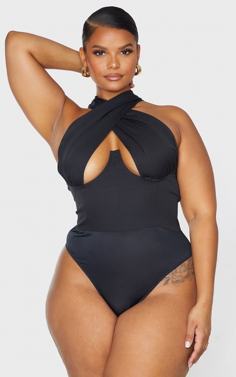 Black Pretty Little Thing Plus Woven Cross Front Underwired Bodysuits | NEPMJBK-89