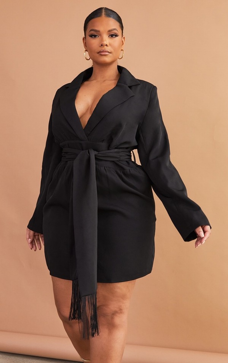 Black Pretty Little Thing Plus Wrap Front Tassel ed Dresses | HJMBKDV-90