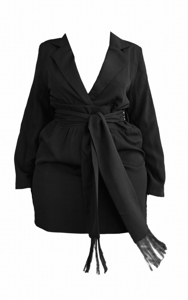 Black Pretty Little Thing Plus Wrap Front Tassel ed Dresses | HJMBKDV-90