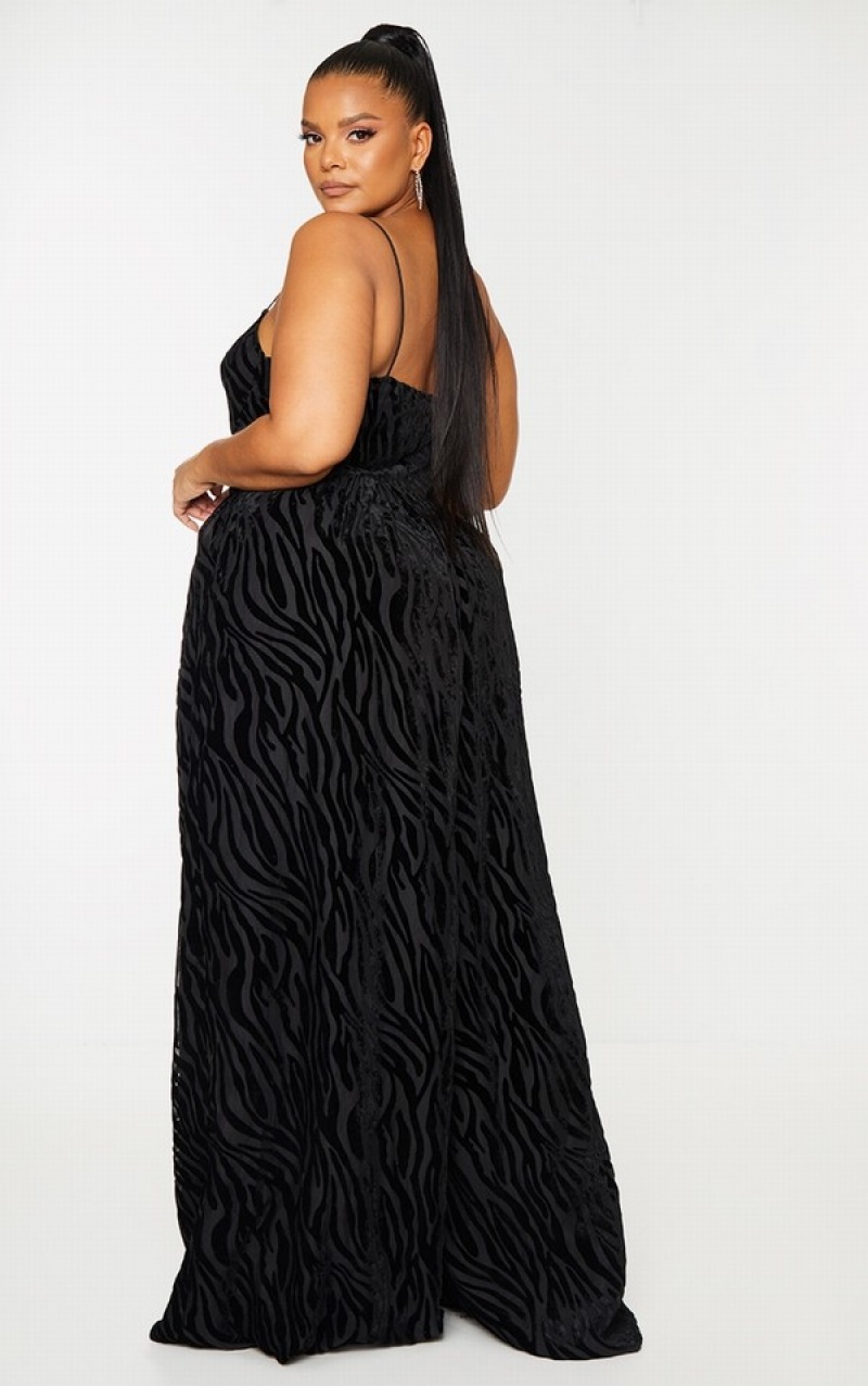 Black Pretty Little Thing Plus Zebra Devore Cup Detail Wide Leg Jumpsuits | JUVRSAZ-60