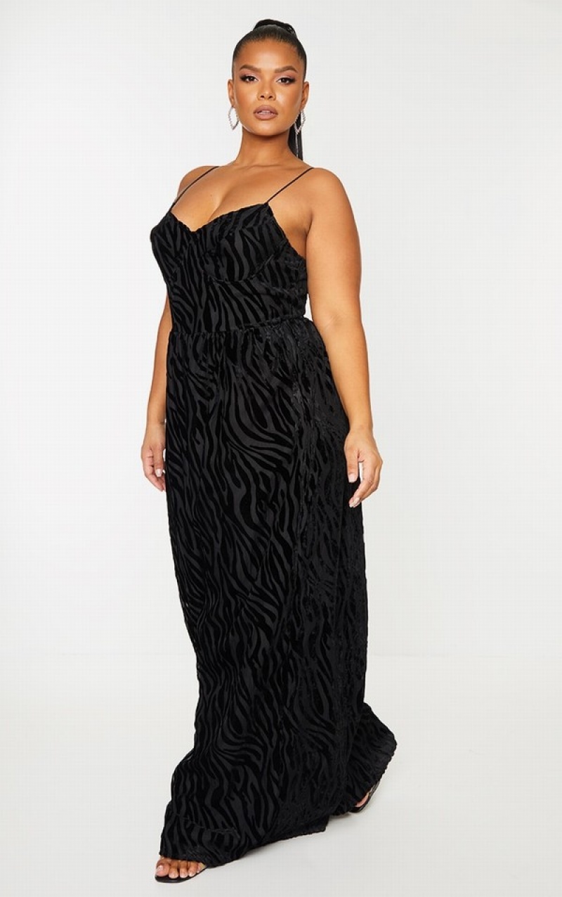 Black Pretty Little Thing Plus Zebra Devore Cup Detail Wide Leg Jumpsuits | JUVRSAZ-60