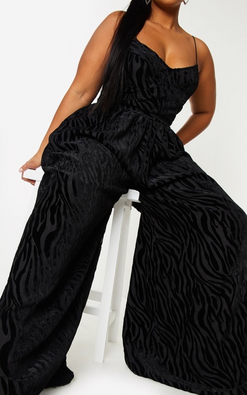 Black Pretty Little Thing Plus Zebra Devore Cup Detail Wide Leg Jumpsuits | JUVRSAZ-60