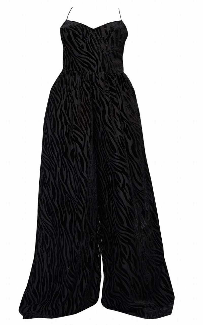 Black Pretty Little Thing Plus Zebra Devore Cup Detail Wide Leg Jumpsuits | JUVRSAZ-60