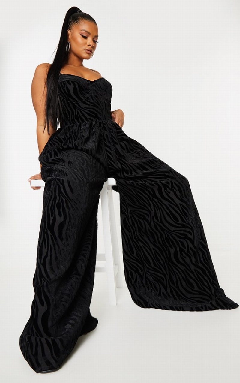 Black Pretty Little Thing Plus Zebra Devore Cup Detail Wide Leg Jumpsuits | JUVRSAZ-60