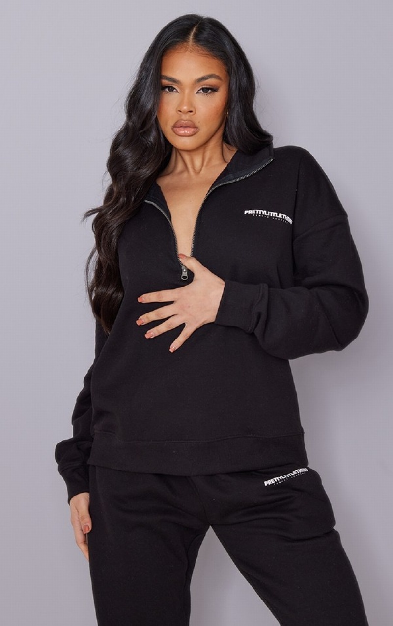 Black Pretty Little Thing Print Half Zip Sweatshirts | SQXKADM-87