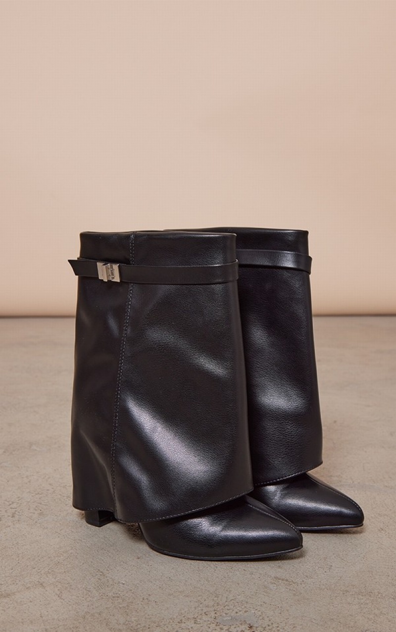 Black Pretty Little Thing Pu Point Toe Fold Over Wide Fit Block Boots | LSDCPZF-69