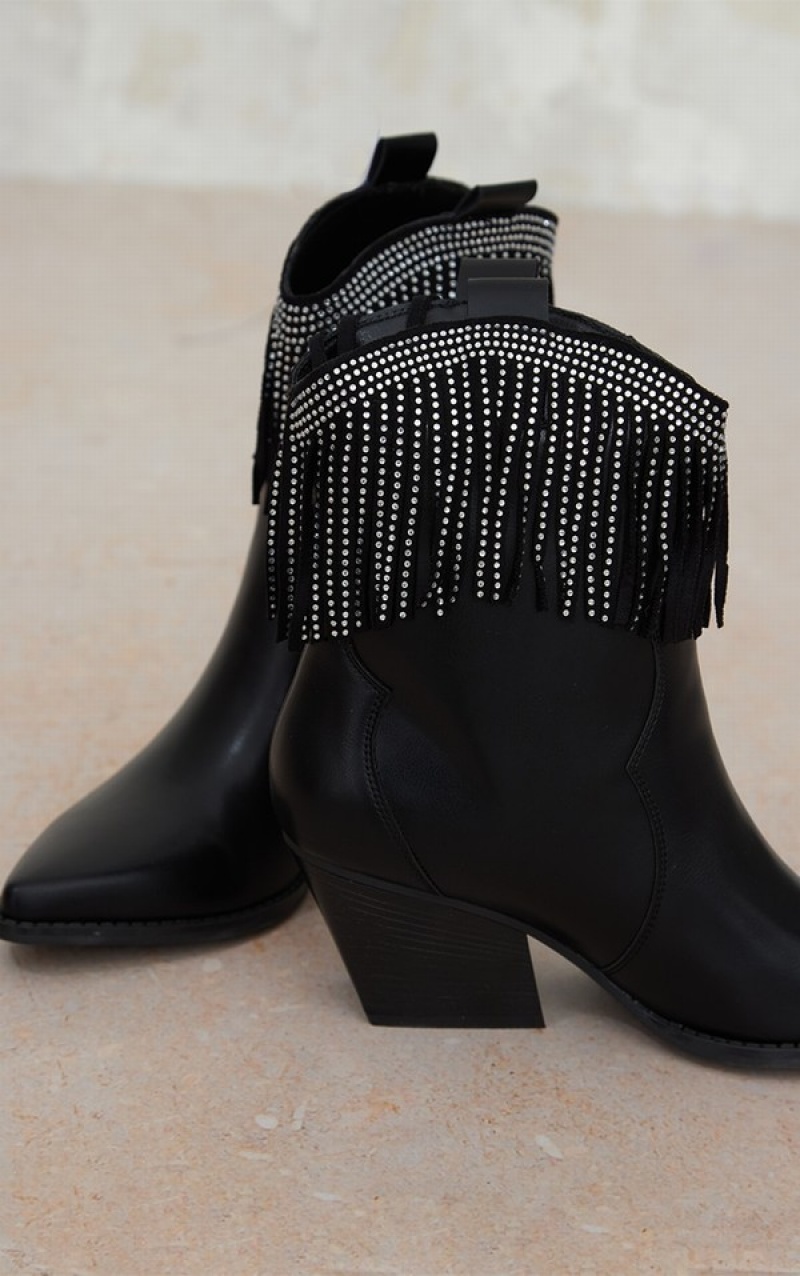 Black Pretty Little Thing Pu Western Fringe Hem Boots | EAGFCOU-54