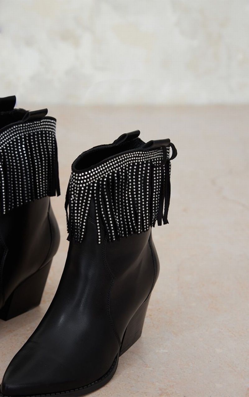 Black Pretty Little Thing Pu Western Fringe Hem Boots | EAGFCOU-54