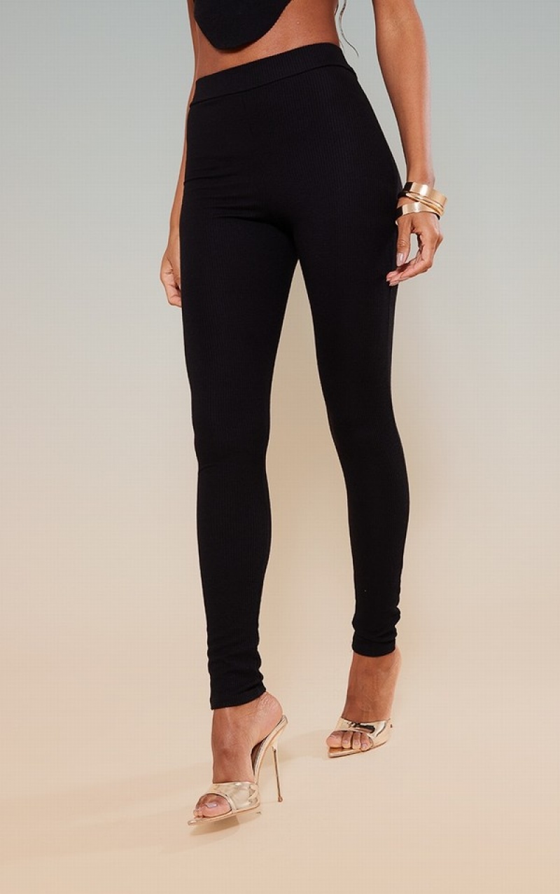 Black Pretty Little Thing Rib High Waisted Leggings | GJHNBDI-96